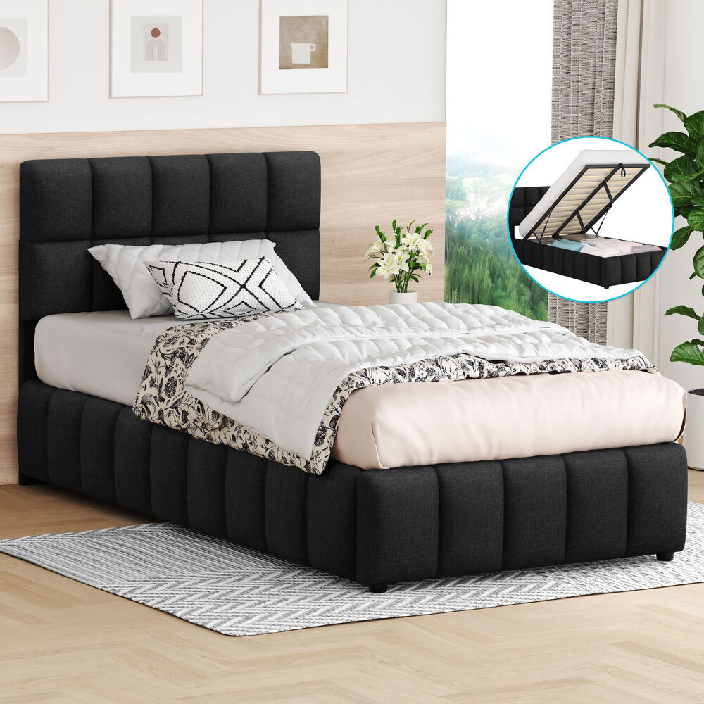 ALFORDSON Bed Frame King Single Grid Tufted Gas Lift Storage Charcoal Gromit