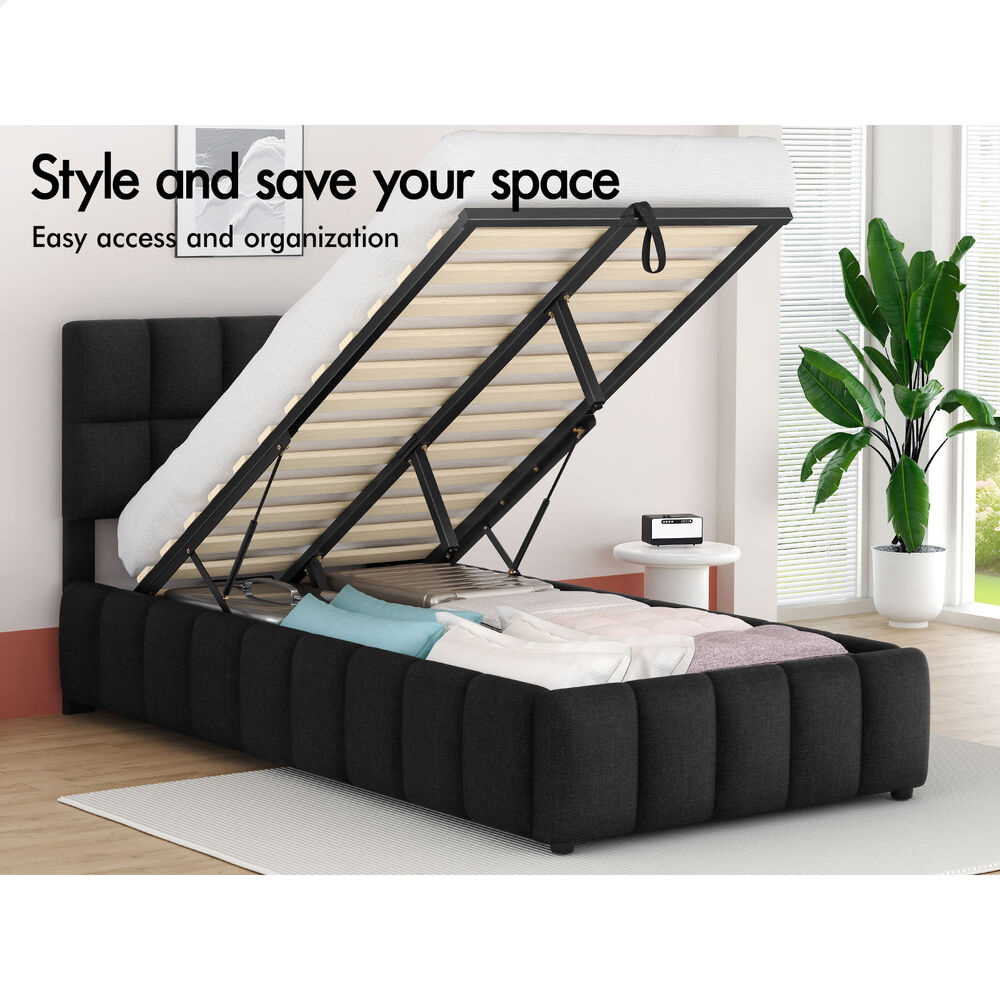 ALFORDSON Bed Frame King Single Grid Tufted Gas Lift Storage Charcoal Gromit