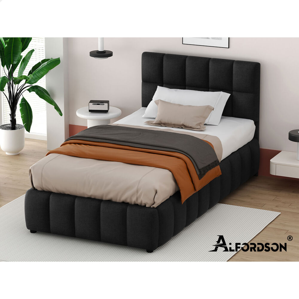 ALFORDSON Bed Frame King Single Grid Tufted Gas Lift Storage Charcoal Gromit