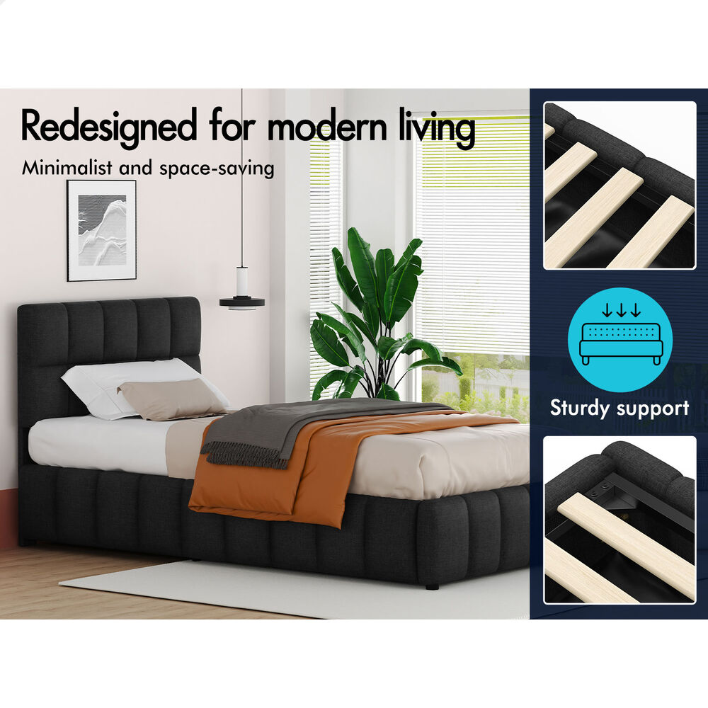 ALFORDSON Bed Frame King Single Grid Tufted Gas Lift Storage Charcoal Gromit