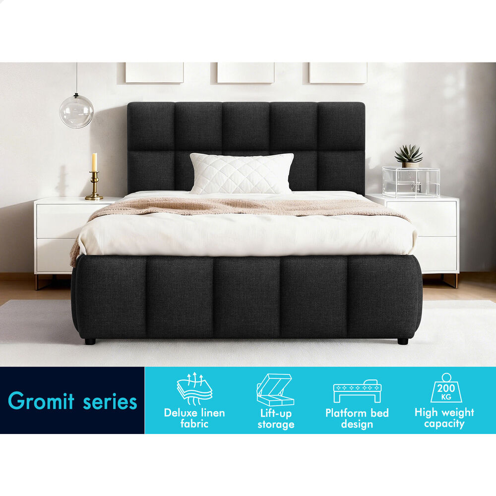ALFORDSON Bed Frame King Single Grid Tufted Gas Lift Storage Charcoal Gromit