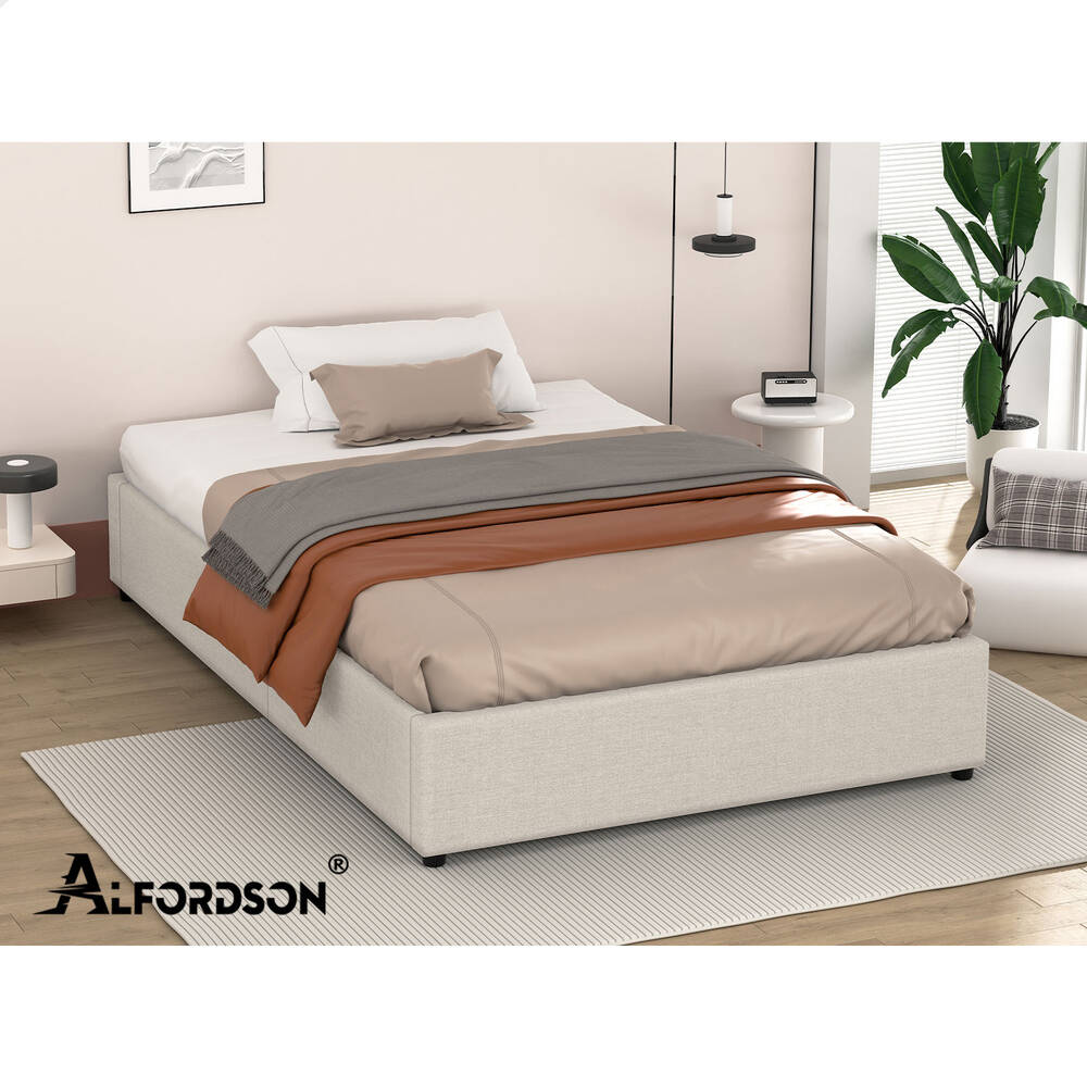 ALFORDSON Bed Frame Single Size Gas Lift Storage Mattress Base Beige WILBUR