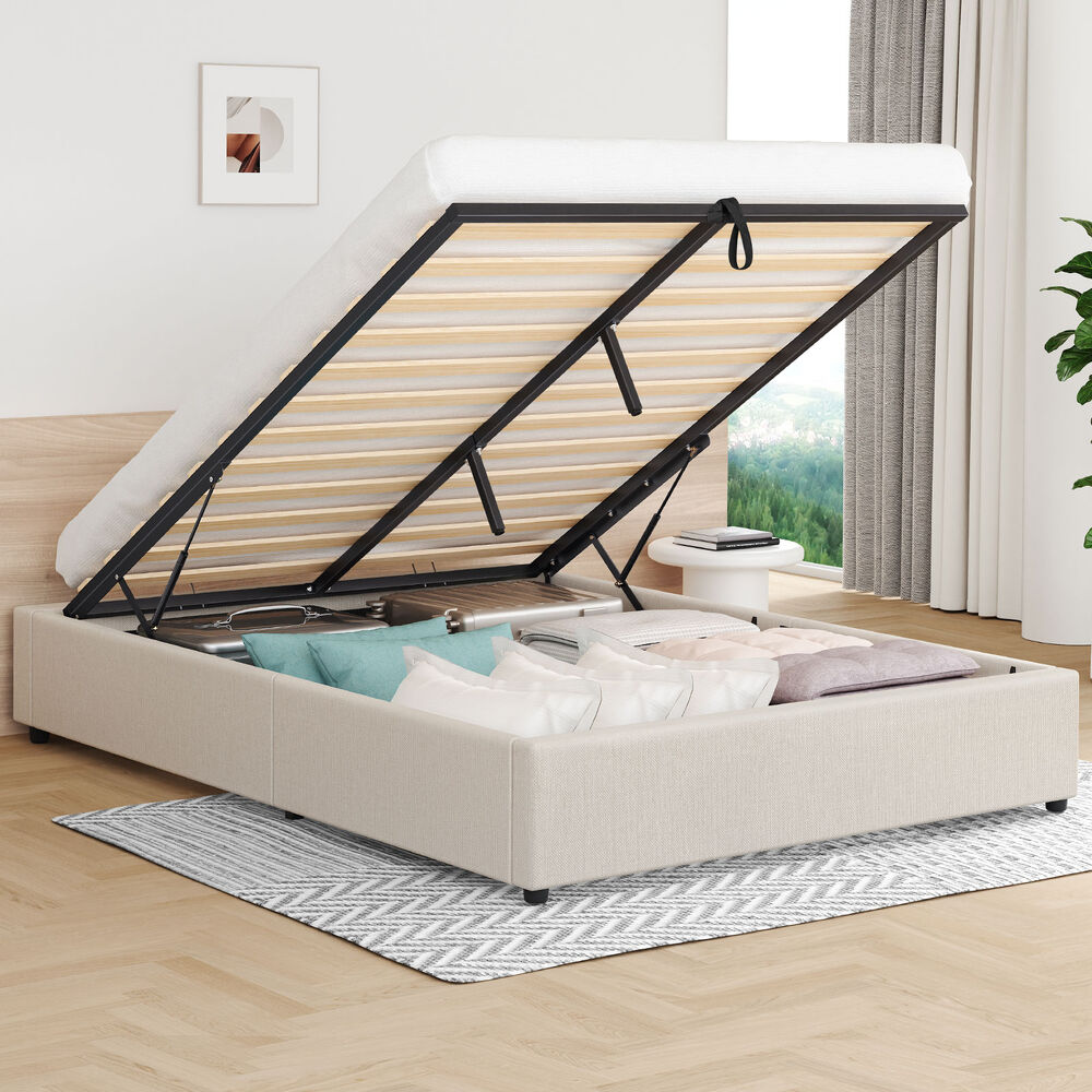 ALFORDSON Bed Frame Double Size Gas Lift Storage Mattress Base Beige BARLOW