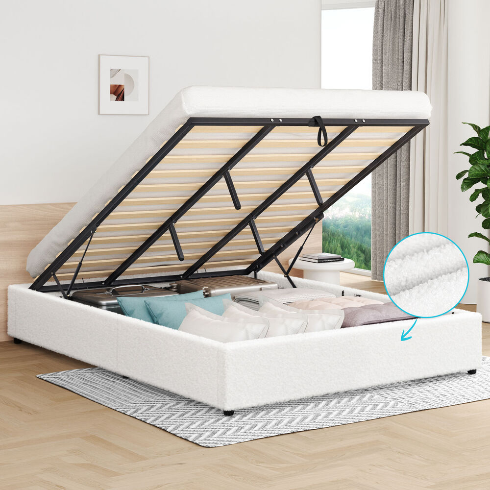 ALFORDSON Bed Frame King Size Gas Lift Storage Mattress Base Boucle BARLOW