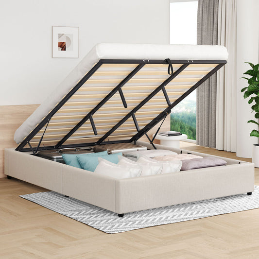 ALFORDSON Bed Frame King Size Gas Lift Storage Mattress Base Beige BARLOW