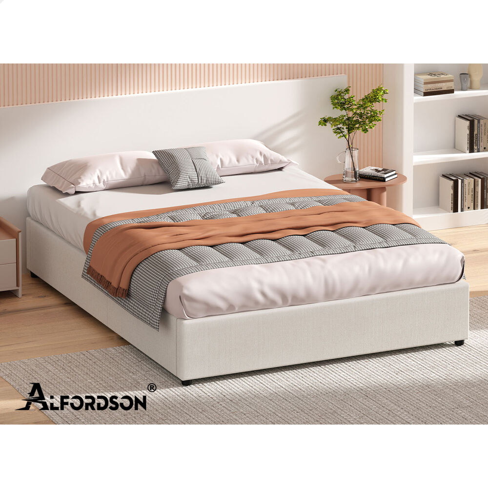 ALFORDSON Bed Frame Queen Size Gas Lift Storage Mattress Base Beige BARLOW