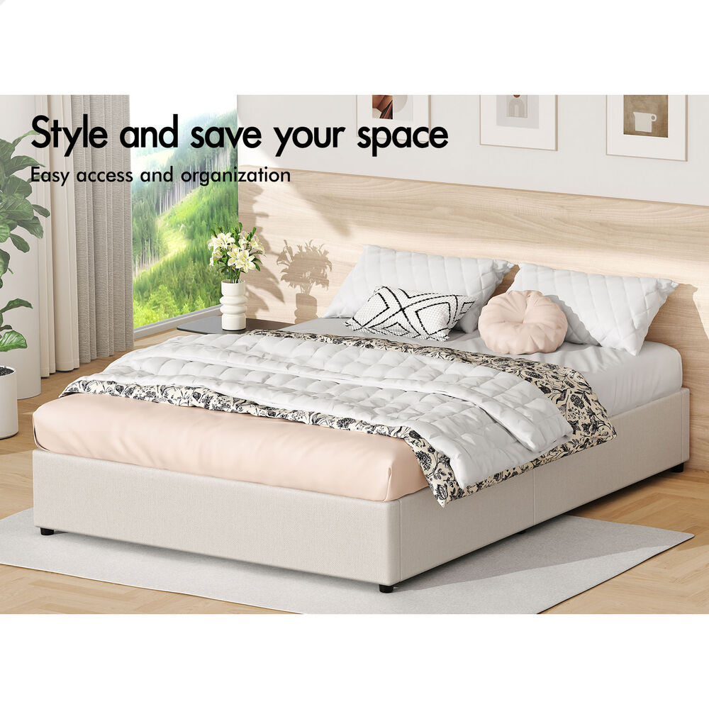 ALFORDSON Bed Frame Queen Size Gas Lift Storage Mattress Base Beige BARLOW