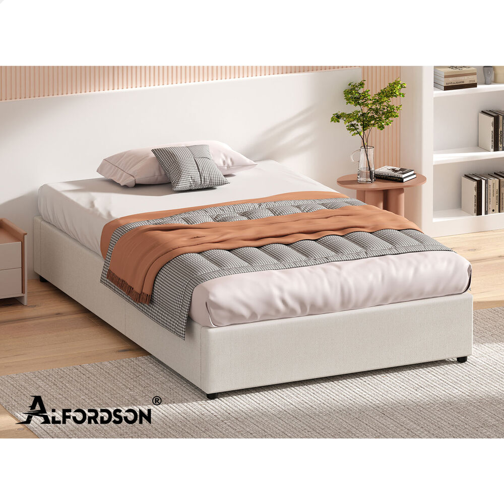ALFORDSON Bed Frame Single Size Gas Lift Storage Mattress Base Beige BARLOW