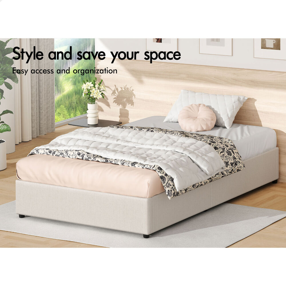 ALFORDSON Bed Frame Single Size Gas Lift Storage Mattress Base Beige BARLOW