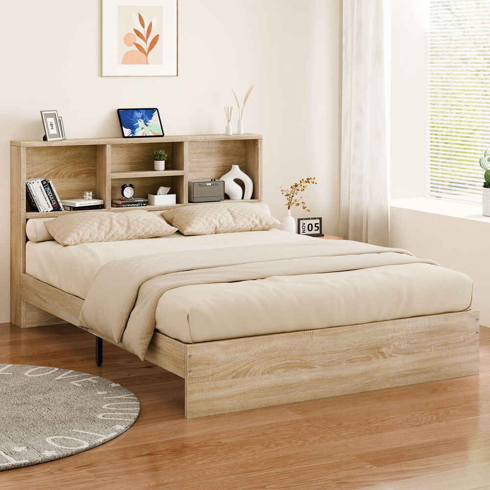 ALFORDSON Wooden Bed Frame Double Size Base with Bookshelf Storage Headboard Oak