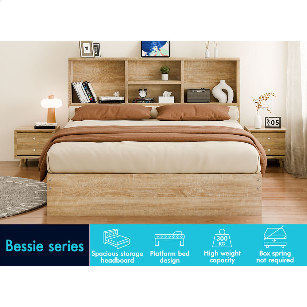 ALFORDSON Wooden Bed Frame King Size Base with Bookshelf Storage Headboard Oak