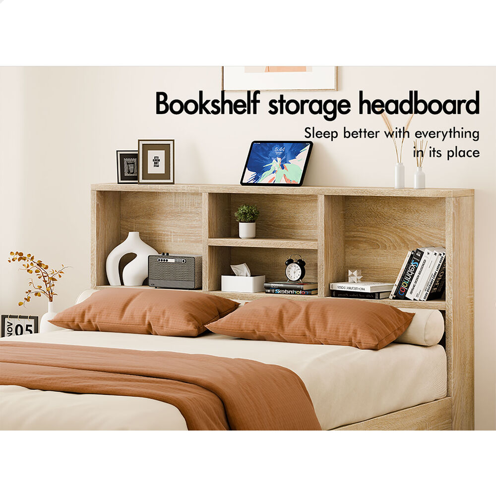 ALFORDSON Wooden Bed Frame King Size Base with Bookshelf Storage Headboard Oak