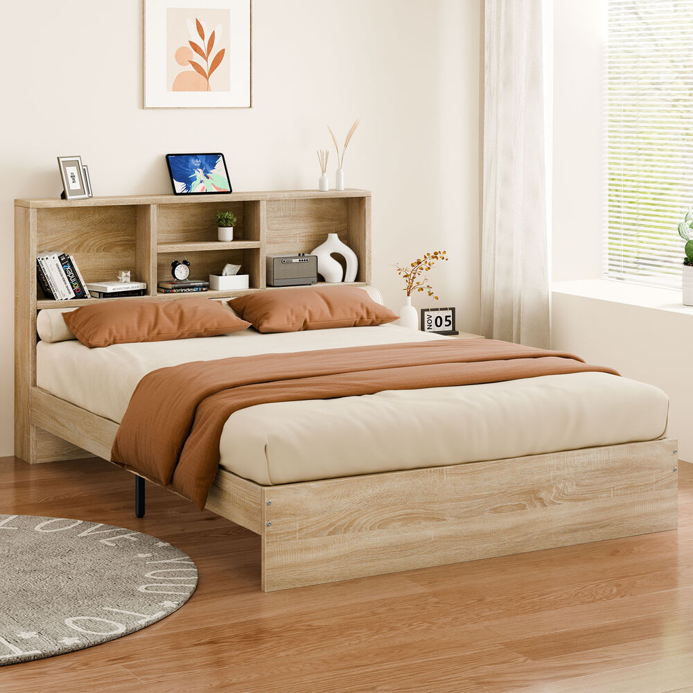 ALFORDSON Wooden Bed Frame King Size Base with Bookshelf Storage Headboard Oak