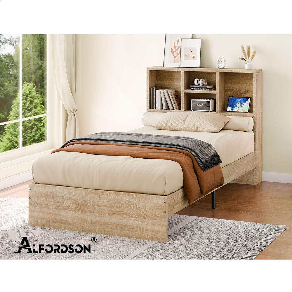 ALFORDSON Wooden Bed Frame King Single Base with Bookshelf Storage Headboard Oak