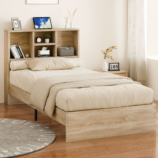 ALFORDSON Wooden Bed Frame King Single Base with Bookshelf Storage Headboard Oak