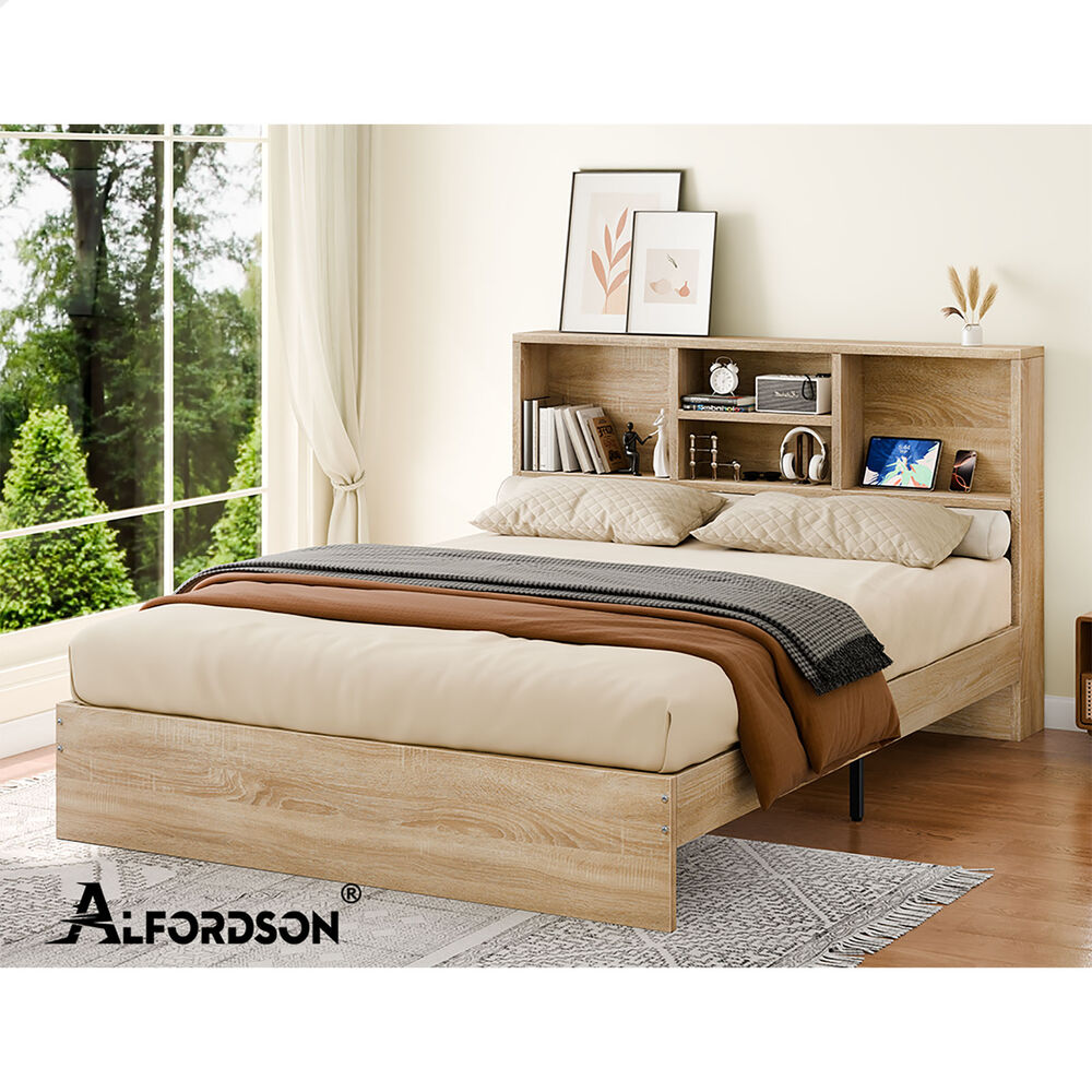 ALFORDSON Wooden Bed Frame Queen Size Base with Bookshelf Storage Headboard Oak