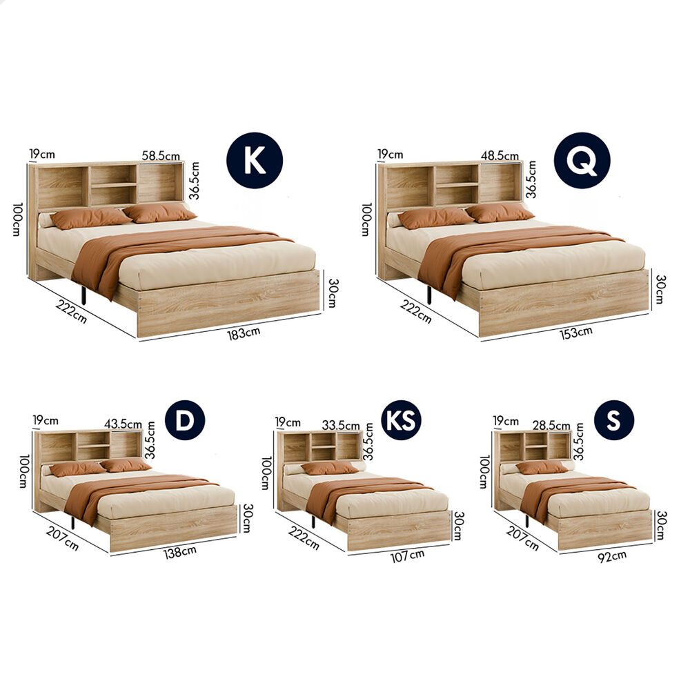 ALFORDSON Wooden Bed Frame Queen Size Base with Bookshelf Storage Headboard Oak