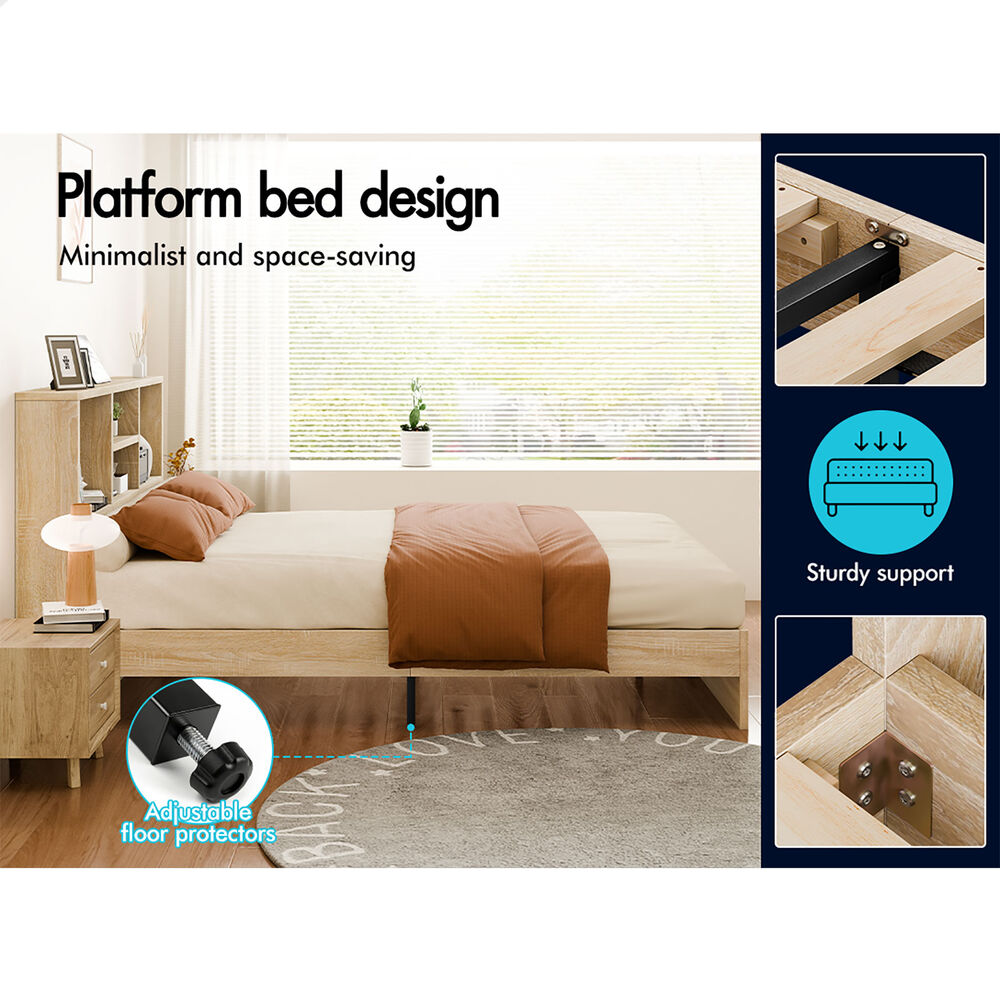 ALFORDSON Wooden Bed Frame Queen Size Base with Bookshelf Storage Headboard Oak