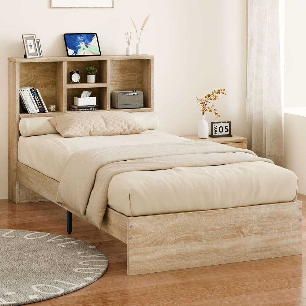 ALFORDSON Wooden Bed Frame Single Size Base with Bookshelf Storage Headboard Oak