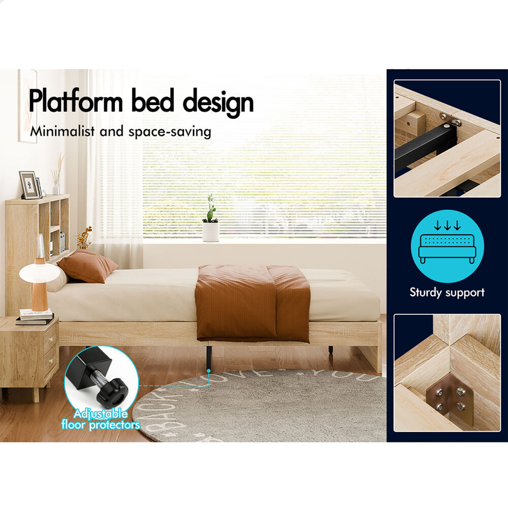 ALFORDSON Wooden Bed Frame Single Size Base with Bookshelf Storage Headboard Oak
