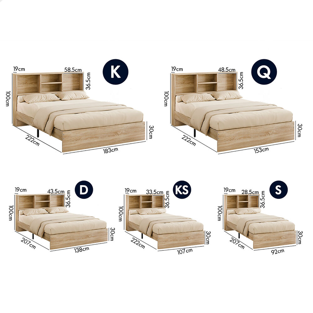 ALFORDSON Wooden Bed Frame Single Size Base with Bookshelf Storage Headboard Oak