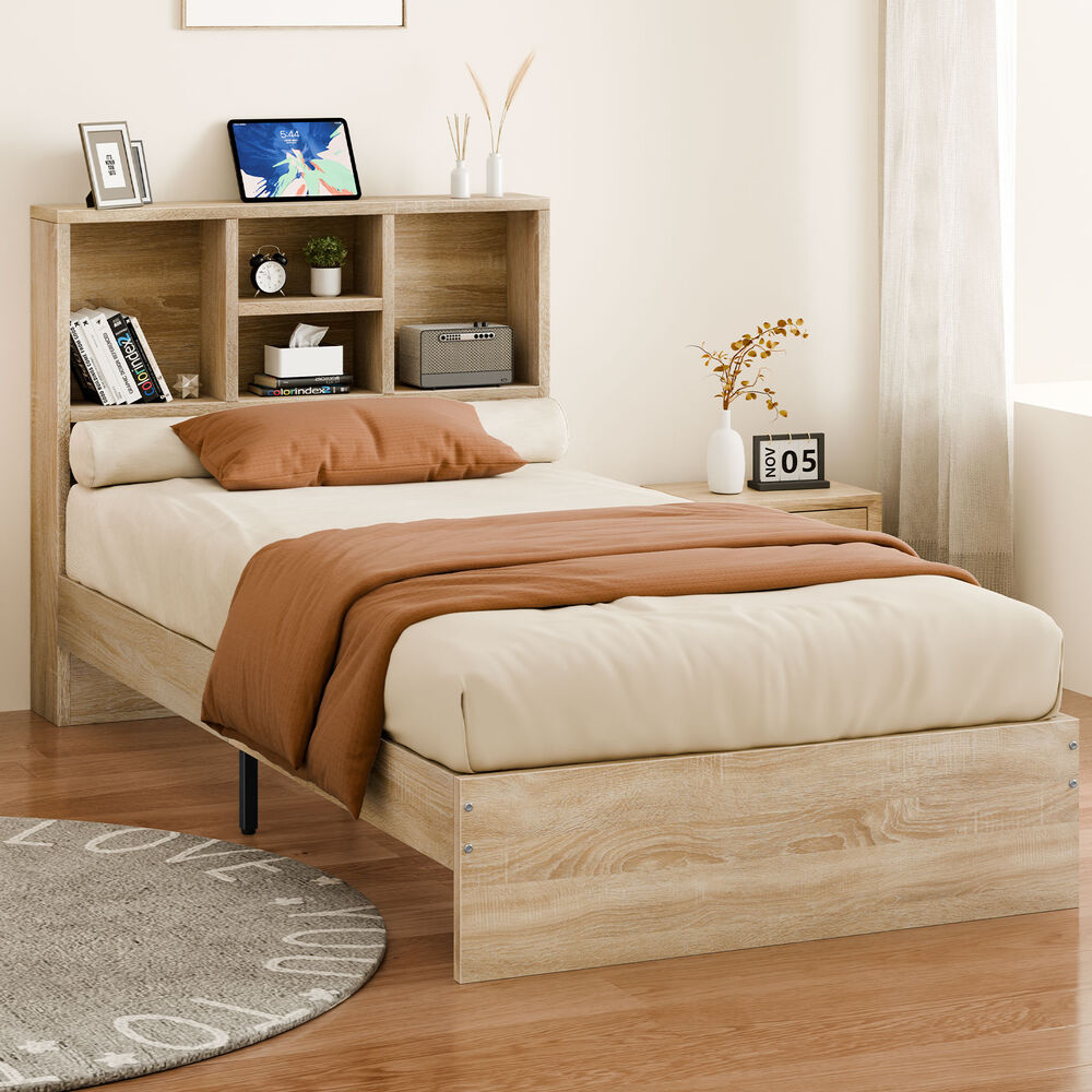 ALFORDSON Wooden Bed Frame Single Size Base with Bookshelf Storage Headboard Oak