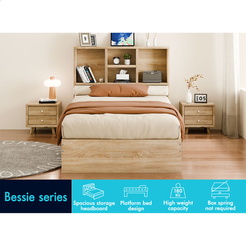 ALFORDSON Wooden Bed Frame Single Size Base with Bookshelf Storage Headboard Oak