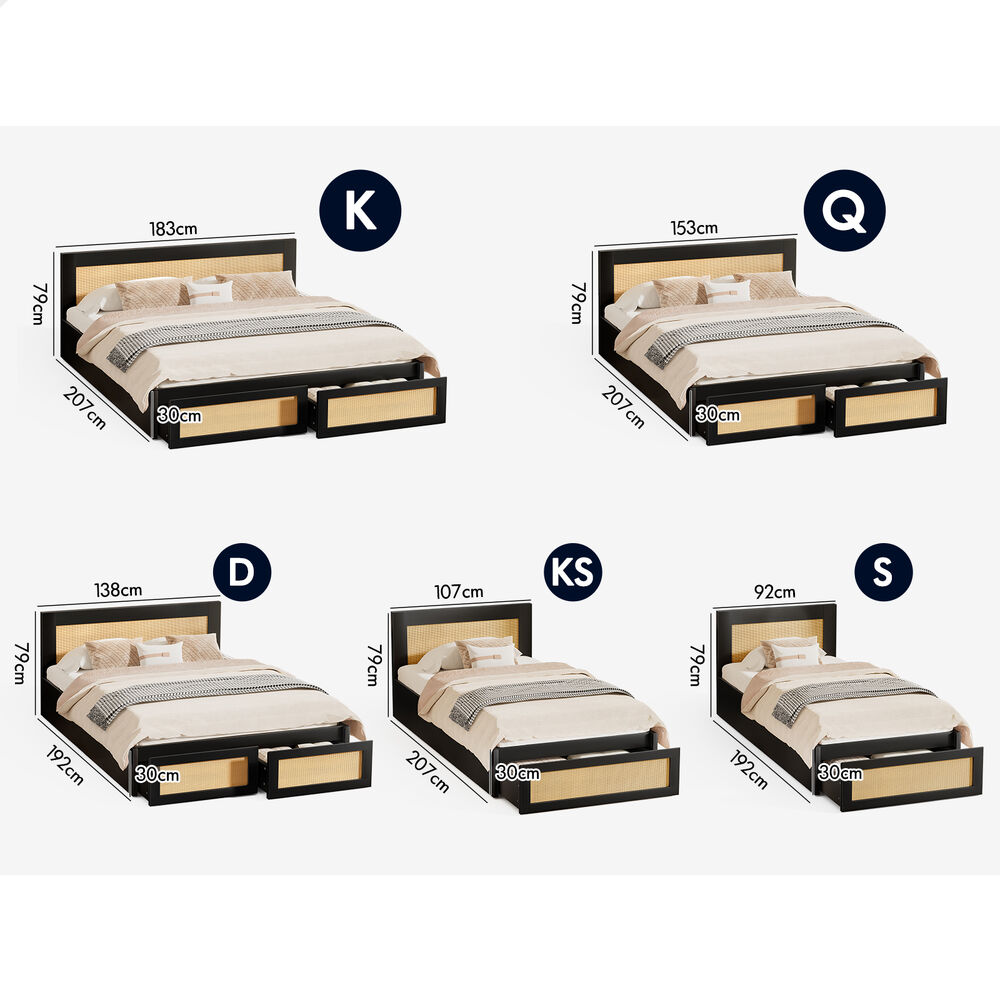 ALFORDSON Wooden Bed Frame Double Size Rattan Bed Base with Storage Drawer Black