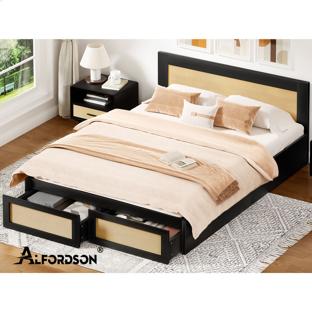 ALFORDSON Wooden Bed Frame Double Size Rattan Bed Base with Storage Drawer Black