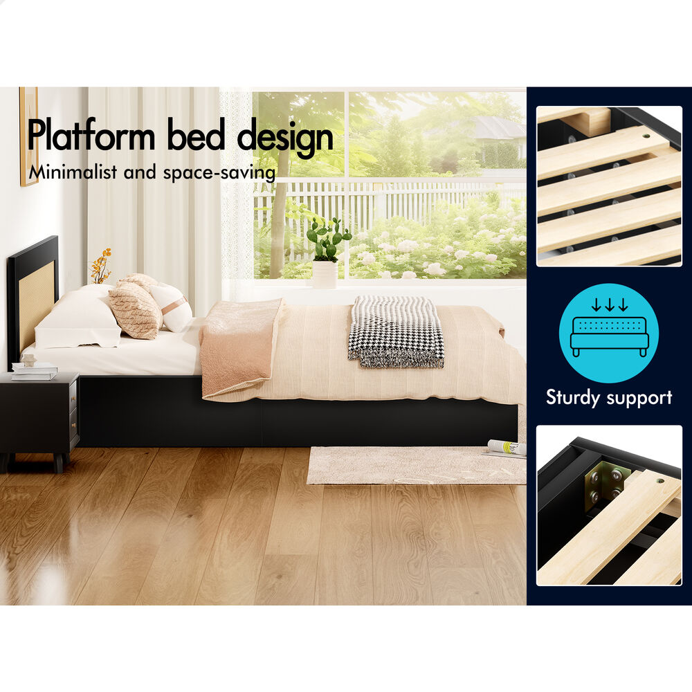 ALFORDSON Wooden Bed Frame Double Size Rattan Bed Base with Storage Drawer Black