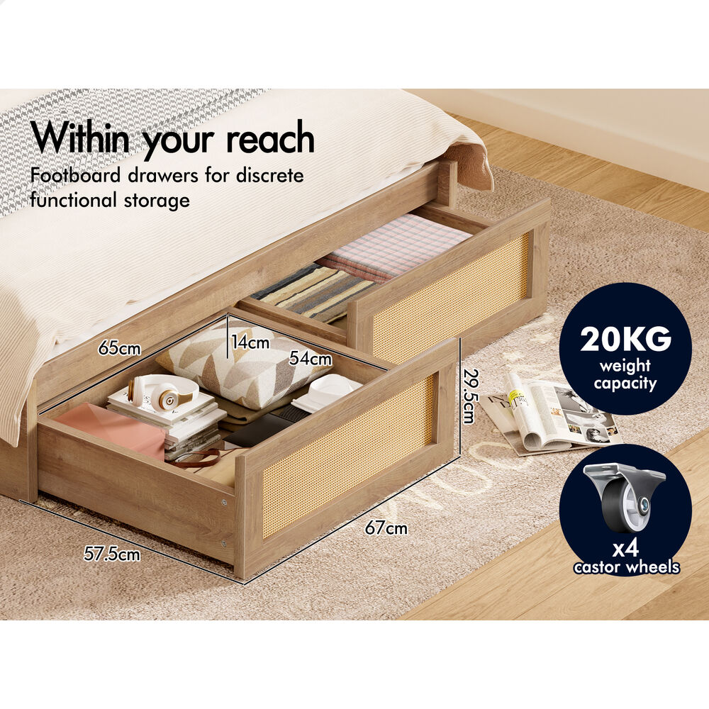 ALFORDSON Wooden Bed Frame Double Size Rattan Bed Base with Storage Drawers Oak