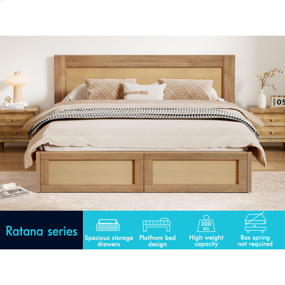 ALFORDSON Wooden Bed Frame Double Size Rattan Bed Base with Storage Drawers Oak