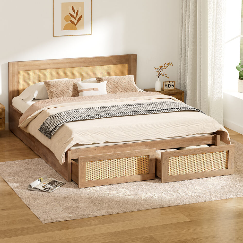 ALFORDSON Wooden Bed Frame Double Size Rattan Bed Base with Storage Drawers Oak