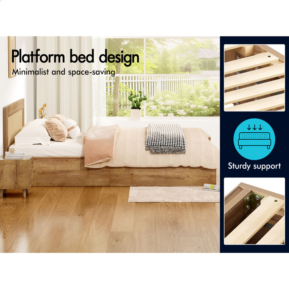 ALFORDSON Wooden Bed Frame Double Size Rattan Bed Base with Storage Drawers Oak