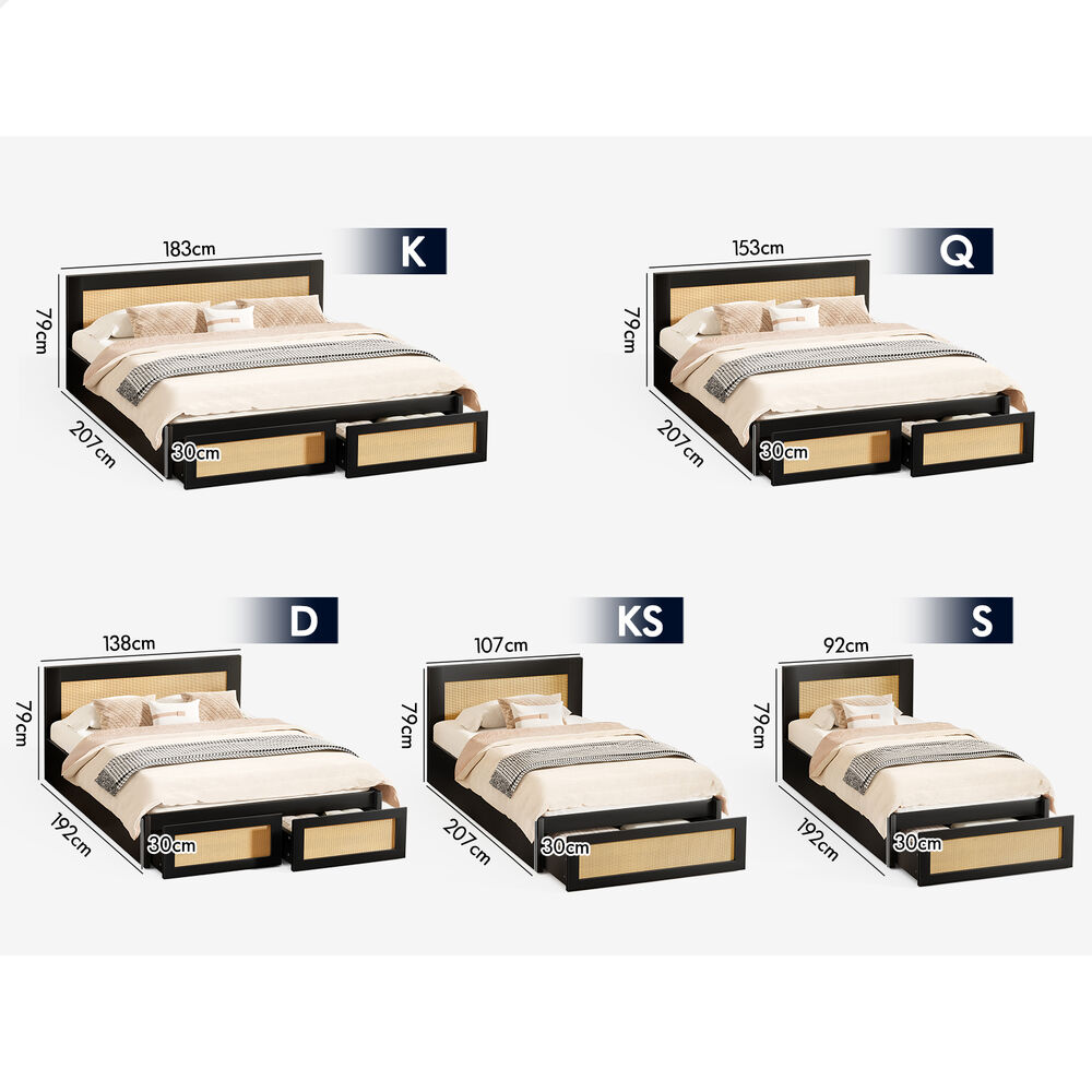 ALFORDSON Wooden Bed Frame King Size Rattan Bed Base with Storage Drawers Black