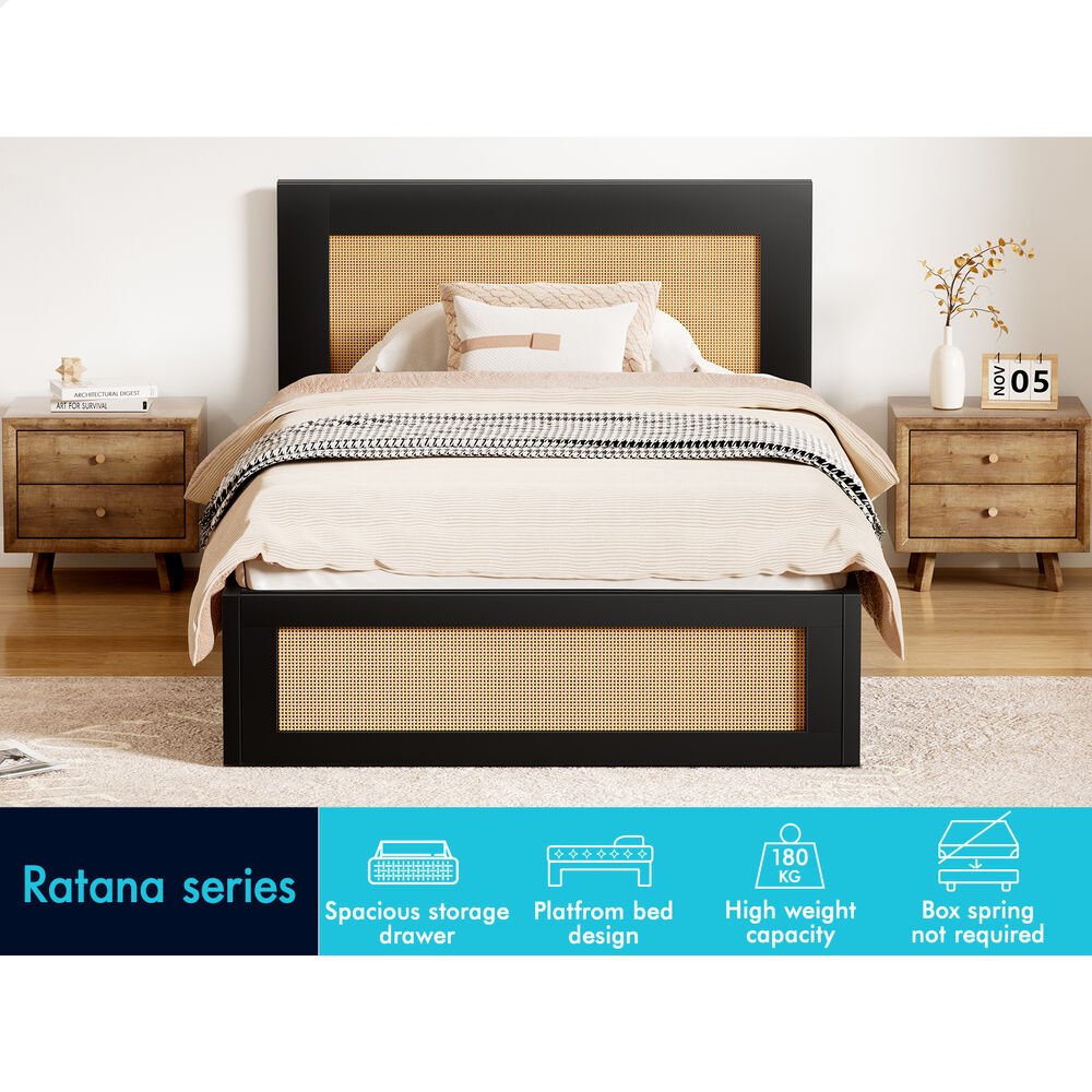 ALFORDSON Wooden Bed Frame King Single Rattan Bed Base with Storage Drawer Black