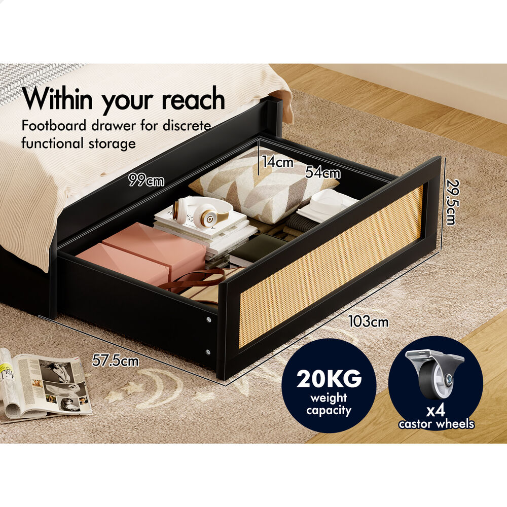 ALFORDSON Wooden Bed Frame King Single Rattan Bed Base with Storage Drawer Black