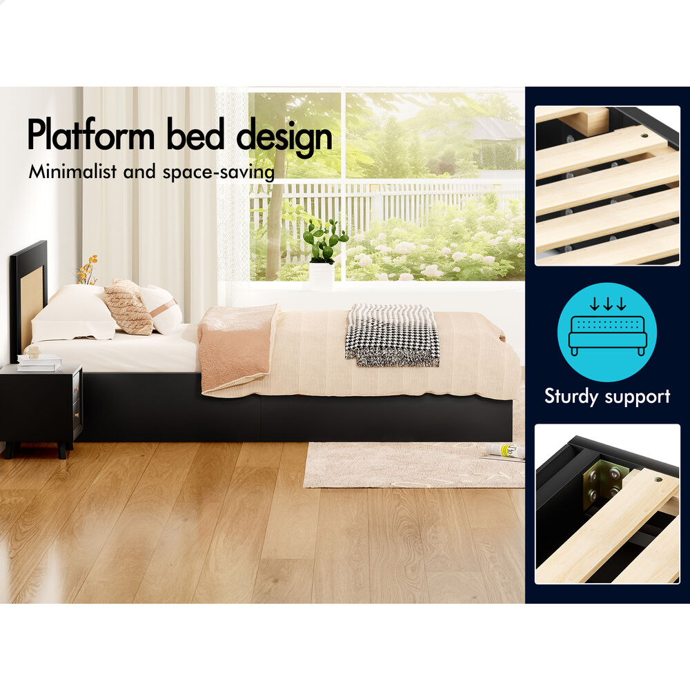 ALFORDSON Wooden Bed Frame King Single Rattan Bed Base with Storage Drawer Black