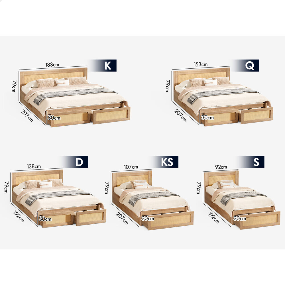 ALFORDSON Wooden Bed Frame King Single Rattan Bed Base with Storage Drawer Oak