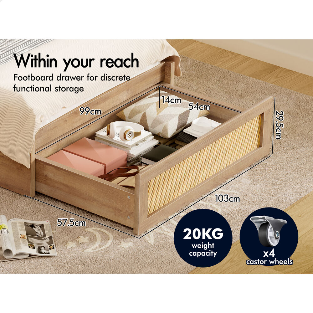 ALFORDSON Wooden Bed Frame King Single Rattan Bed Base with Storage Drawer Oak