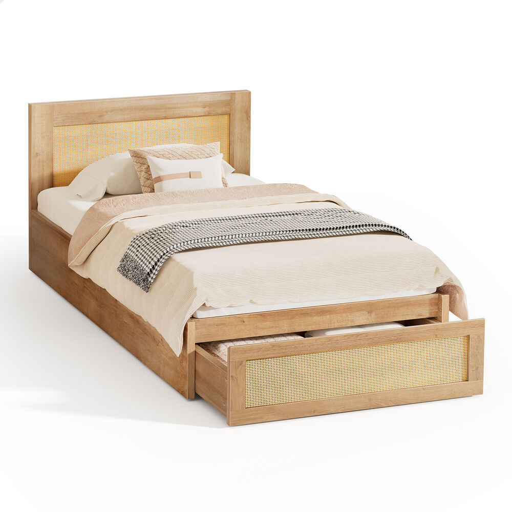 ALFORDSON Wooden Bed Frame King Single Rattan Bed Base with Storage Drawer Oak