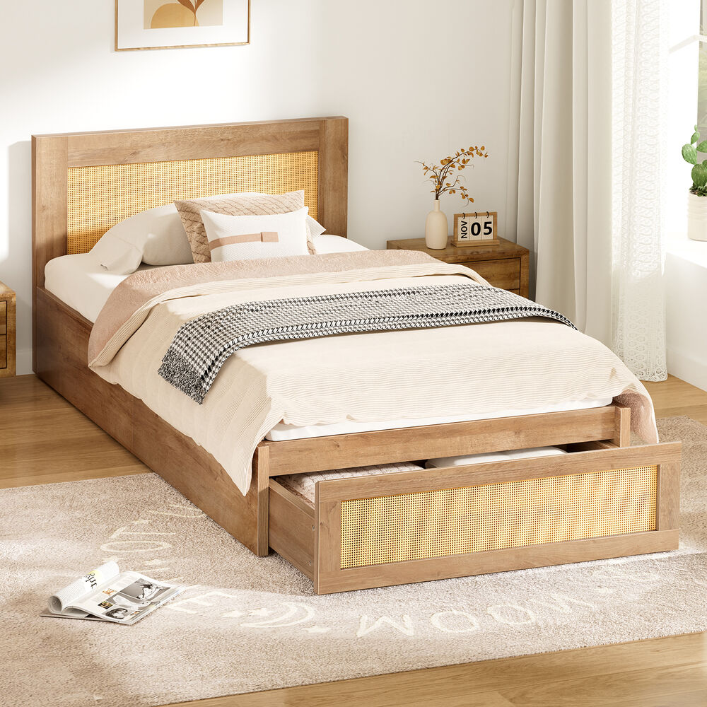 ALFORDSON Wooden Bed Frame King Single Rattan Bed Base with Storage Drawer Oak