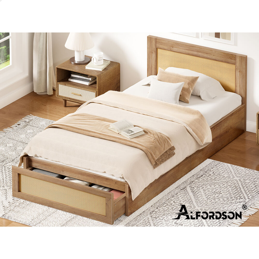 ALFORDSON Wooden Bed Frame King Single Rattan Bed Base with Storage Drawer Oak