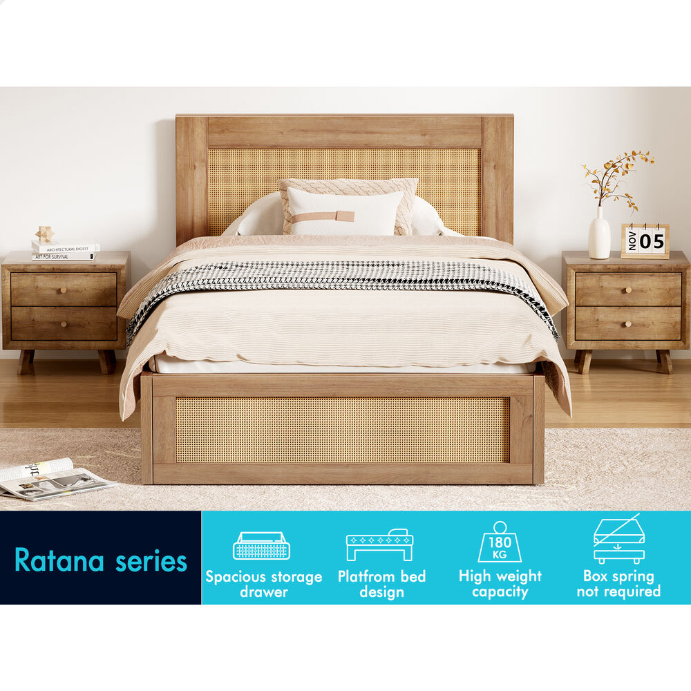 ALFORDSON Wooden Bed Frame King Single Rattan Bed Base with Storage Drawer Oak