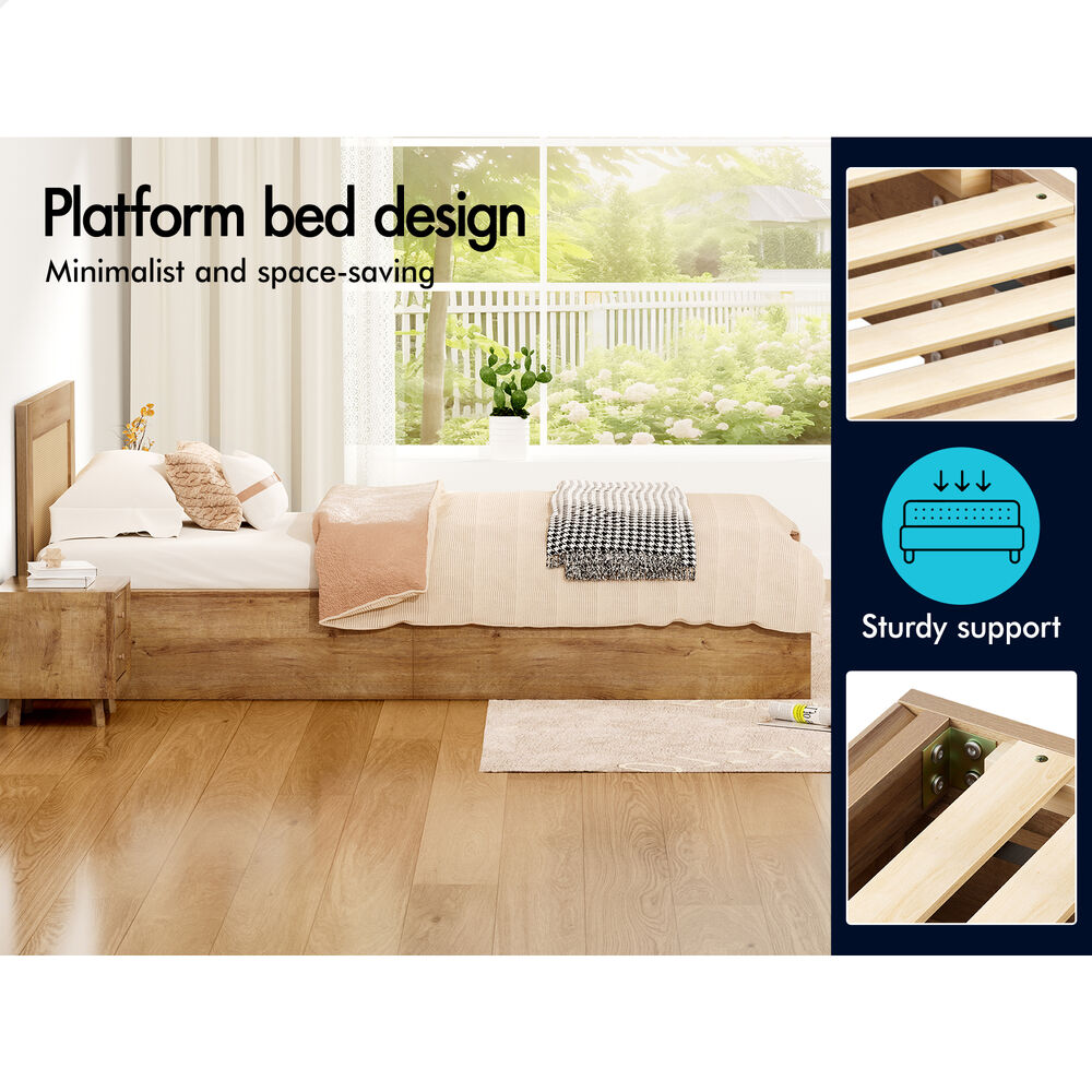 ALFORDSON Wooden Bed Frame King Single Rattan Bed Base with Storage Drawer Oak