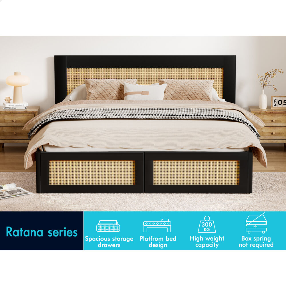 ALFORDSON Wooden Bed Frame Queen Size Rattan Bed Base with Storage Drawers Black