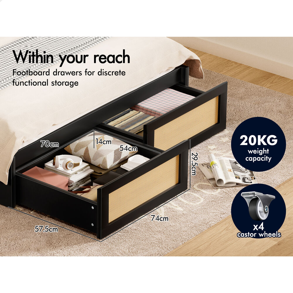 ALFORDSON Wooden Bed Frame Queen Size Rattan Bed Base with Storage Drawers Black