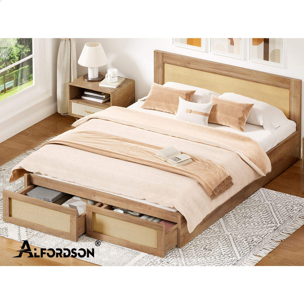 ALFORDSON Wooden Bed Frame Queen Size Rattan Bed Base with Storage Drawers Oak