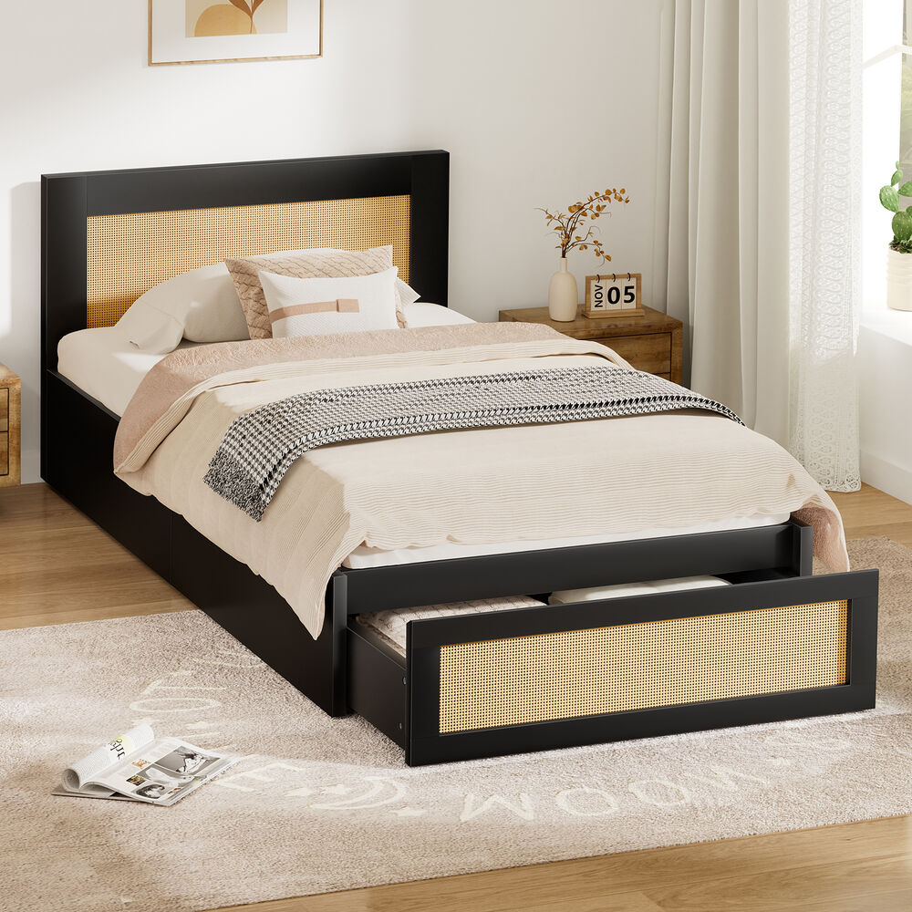 ALFORDSON Wooden Bed Frame Single Size Rattan Bed Base with Storage Drawer Black