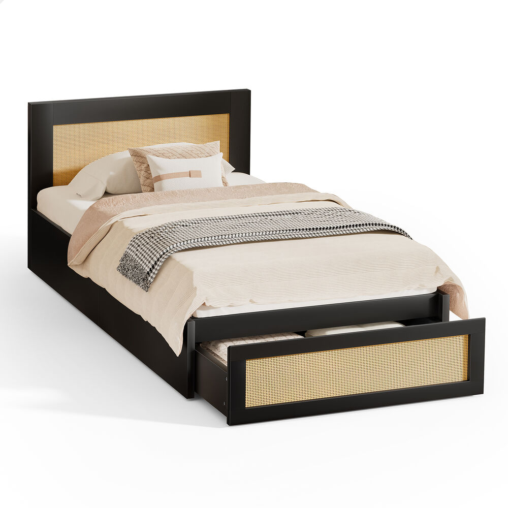 ALFORDSON Wooden Bed Frame Single Size Rattan Bed Base with Storage Drawer Black